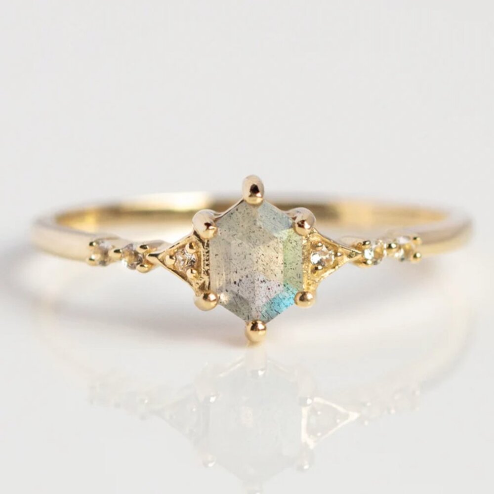 Local Eclectic Solid Gold Mystic Labradorite Hexagon Ring for Protection, Size 8